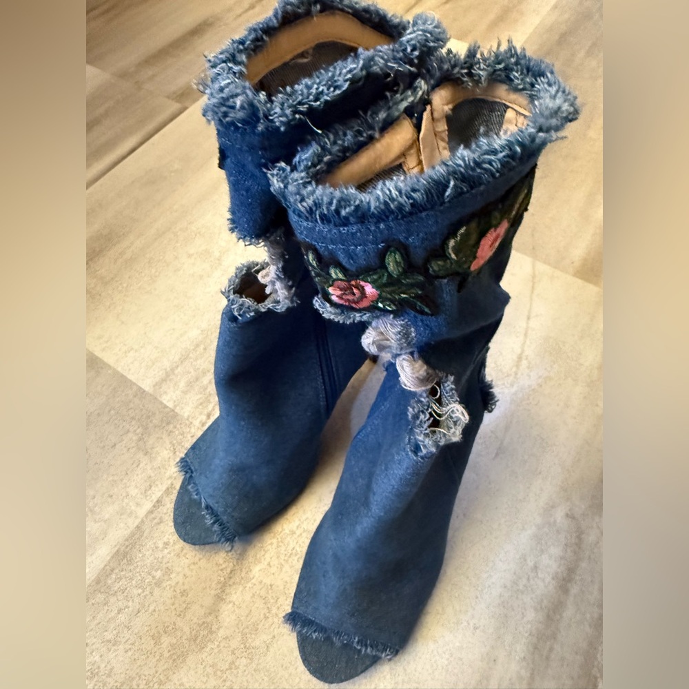 Forever 21 Blue Denim Peep-Toe Boots - Picture 2 of 8
